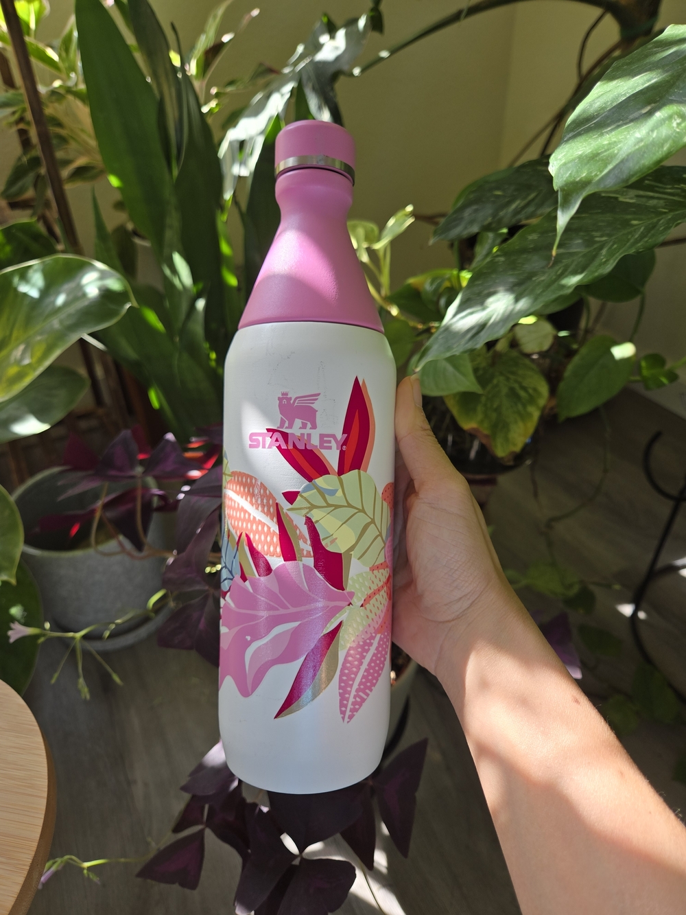 Stanley White Bottle with Pink and Green Floral Design